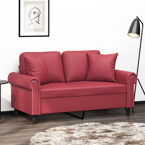 Sofá de 2 plazas con cojines cuero sintético rojo tinto 120 cm Sofá de 2 plazas con cojines cuero sintético rojo tinto 120 cm