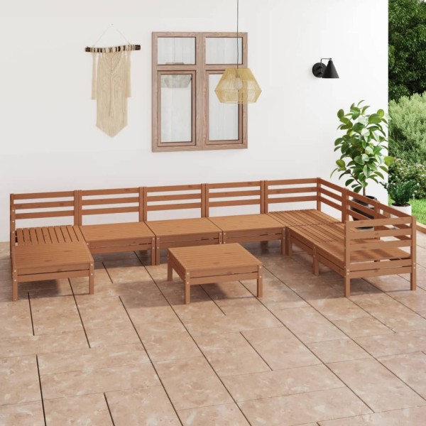 Juego muebles de jardín 9 pzas madera maciza pino marrón miel Juego muebles de jardín 9 pzas madera maciza pino marrón miel