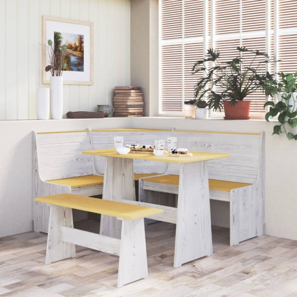 Mesa de comedor con banco madera maciza marrón miel y blanco Mesa de comedor con banco madera maciza marrón miel y blanco