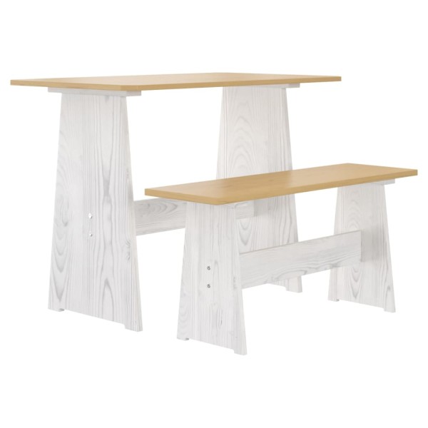 Mesa de comedor con banco madera maciza marrón miel y blanco Mesa de comedor con banco madera maciza marrón miel y blanco