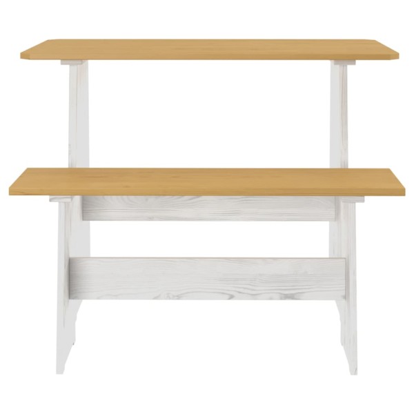 Mesa de comedor con banco madera maciza marrón miel y blanco Mesa de comedor con banco madera maciza marrón miel y blanco